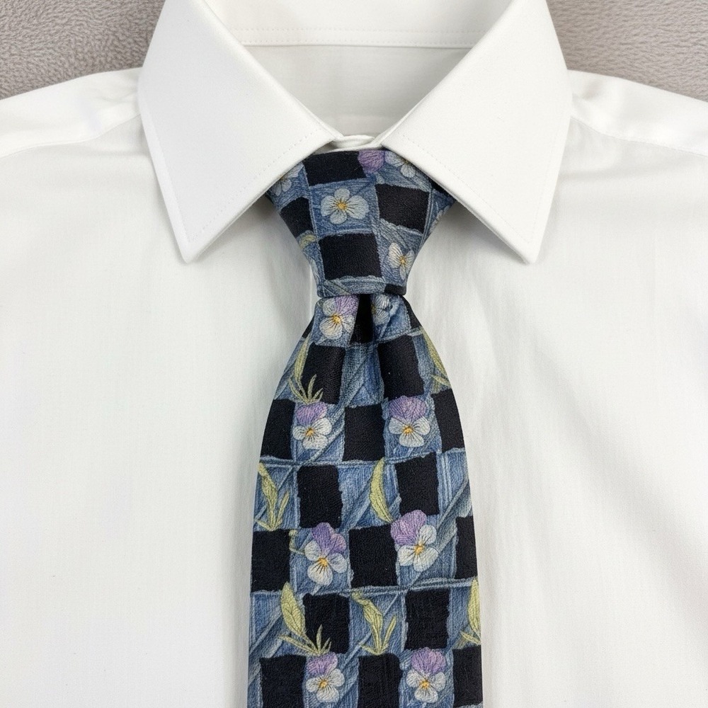 Ermenegildo Zegna Necktie Mens Black Floral Checkboard‎ Silk Luxury Tailoring